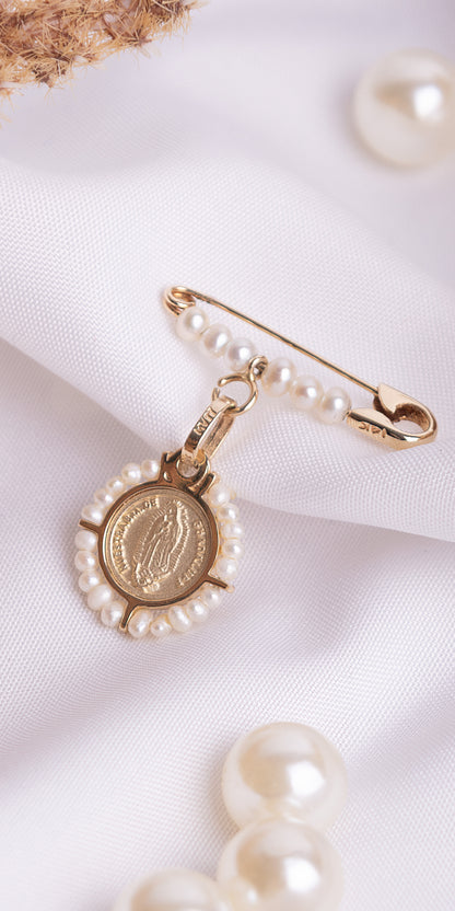 10k Solid Gold Safety Pin with a row of natural pearls